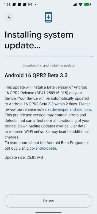 Screenshot of Android 16 QPR2 Beta 3.3 update.