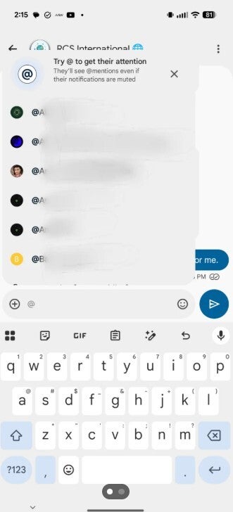 Typing the @ symbol will allow you to tag a person receiving a group RCS chat in Google Messages. | Image credit-aniruddhdodiya via Reddt - Google Messages could soon get a new feature users have wanted for a long time