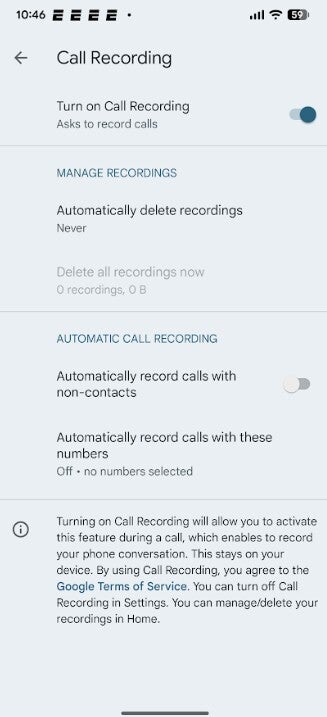 Screenshot of Call Recording feature settings.