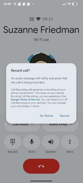 Screenshot of Call Recording feature settings.