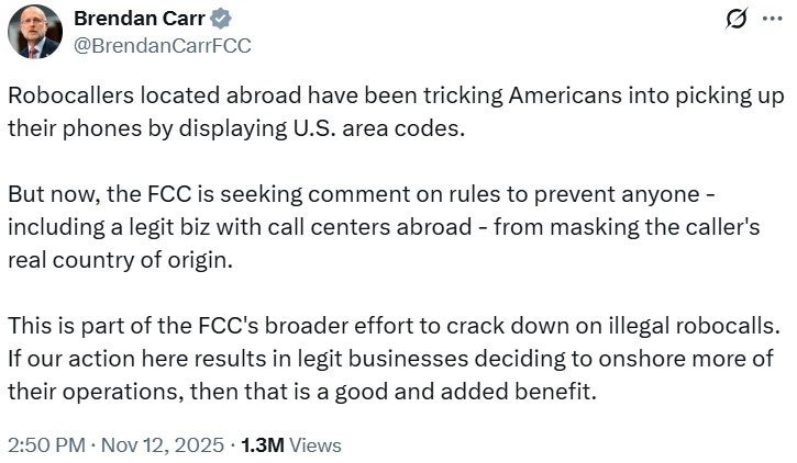 Tweet from FCC Chairman Carr seeking comments on proposed FCC rule.