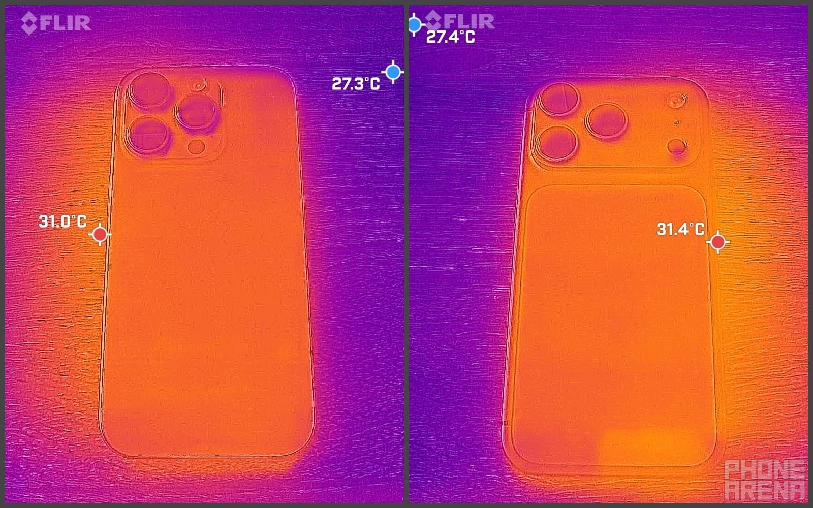 iPhone 16 Pro - idle | iPhone 17 Pro - idle (Image credit - PhoneArena) - Aluminum vs Titanium: I took a FLIR to the iPhones to find the truth
