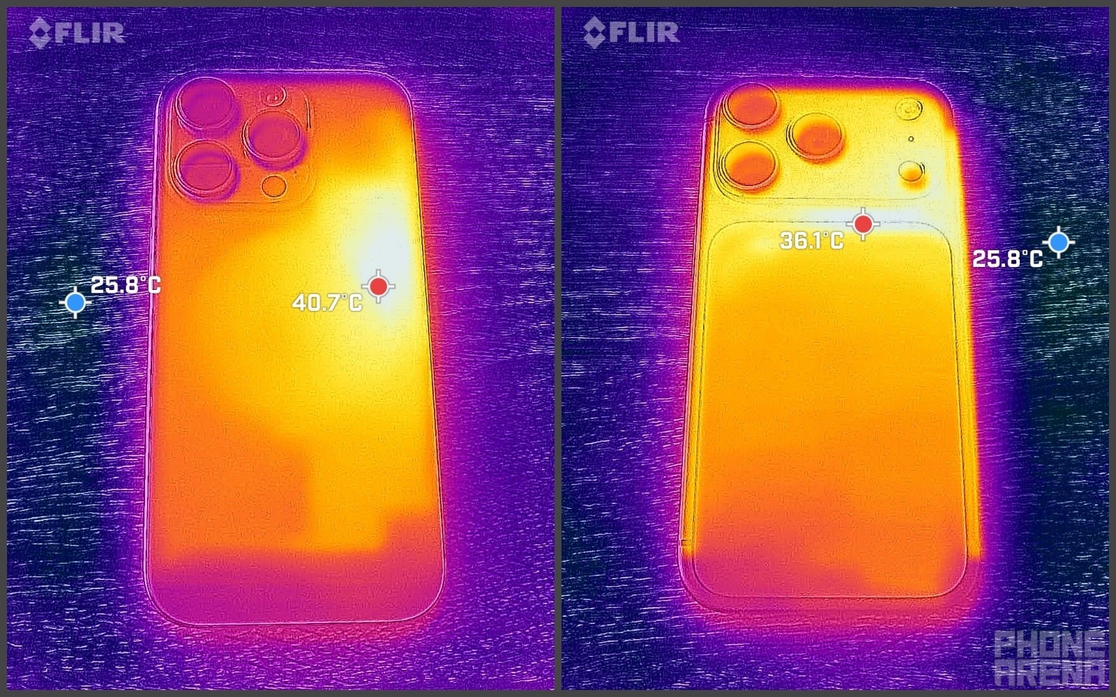 iPhone 16 Pro - 3 minutes in | iPhone 17 Pro - 3 minutes in (Image credit - PhoneArena) - Aluminum vs Titanium: I took a FLIR to the iPhones to find the truth
