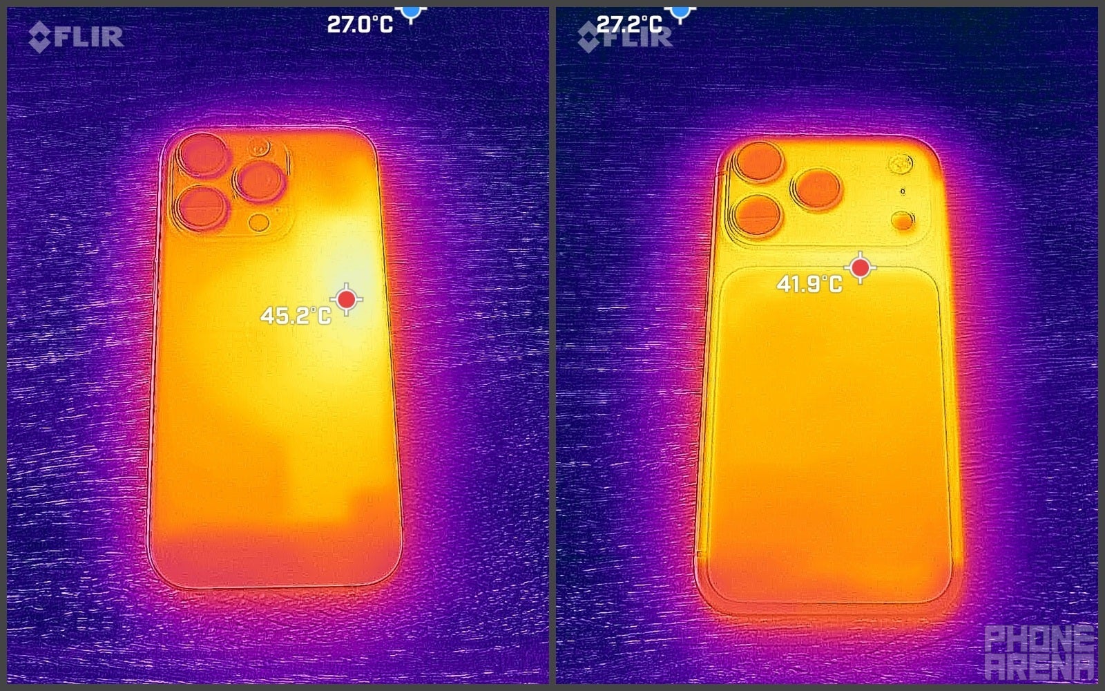 iPhone 16 Pro - 10 minutes in | iPhone 17 Pro - 10 minutes in (Image credit - PhoneArena) - Aluminum vs Titanium: I took a FLIR to the iPhones to find the truth