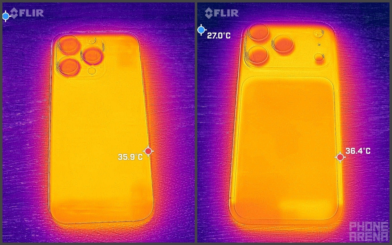iPhone 16 Pro - 5 minutes of idling | iPhone 17 Pro - 5 minutes of idling (Image credit - PhoneArena) - Aluminum vs Titanium: I took a FLIR to the iPhones to find the truth
