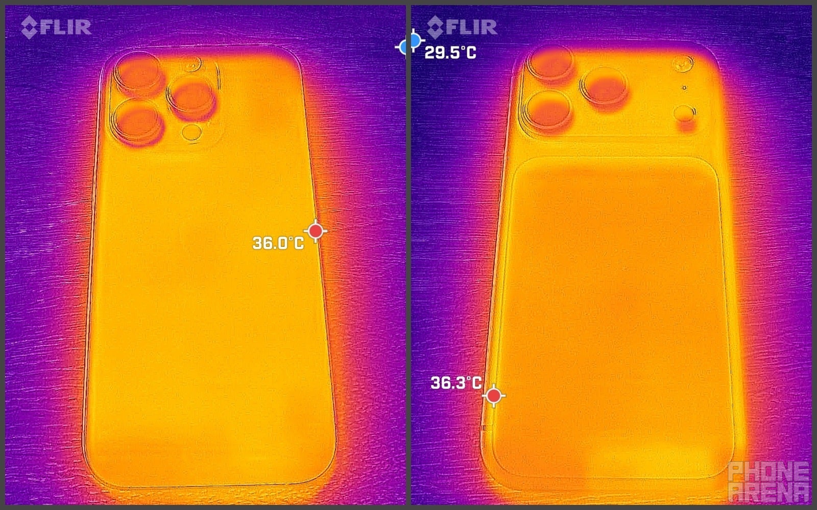 iPhone 16 Pro - 10 minutes of idling | iPhone 17 Pro - 10 minutes of idling (Image credit - PhoneArena) - Aluminum vs Titanium: I took a FLIR to the iPhones to find the truth