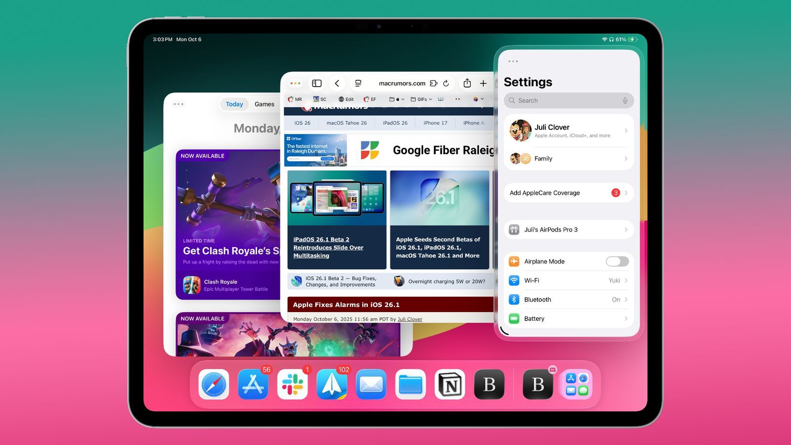 Multitasking on the iPad. | Image Credit - MacRumors - iPadOS 26.2 is testing a change – and longtime iPad fans will know exactly why it matters