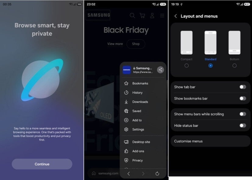 Screenshots from the revised Samsung Internet Browser app.