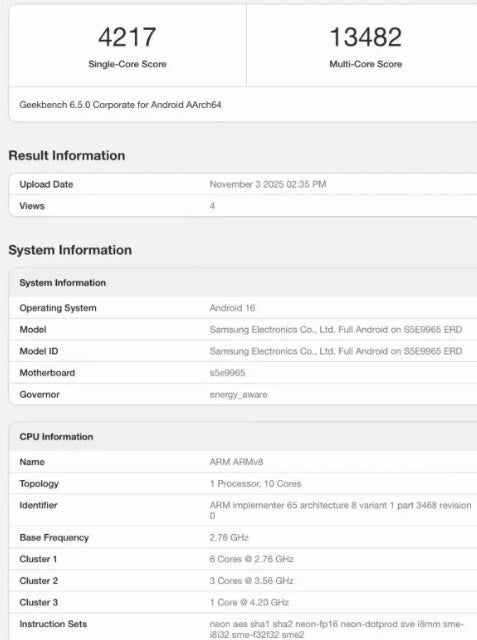 Geekbench 6 results for Exynos 2600 processor.