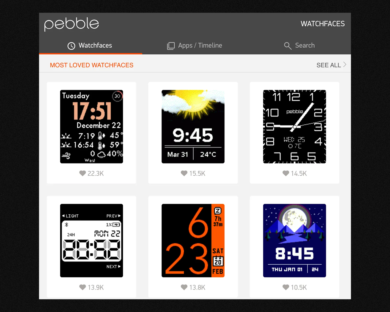 An image showing the current Pebble appstore