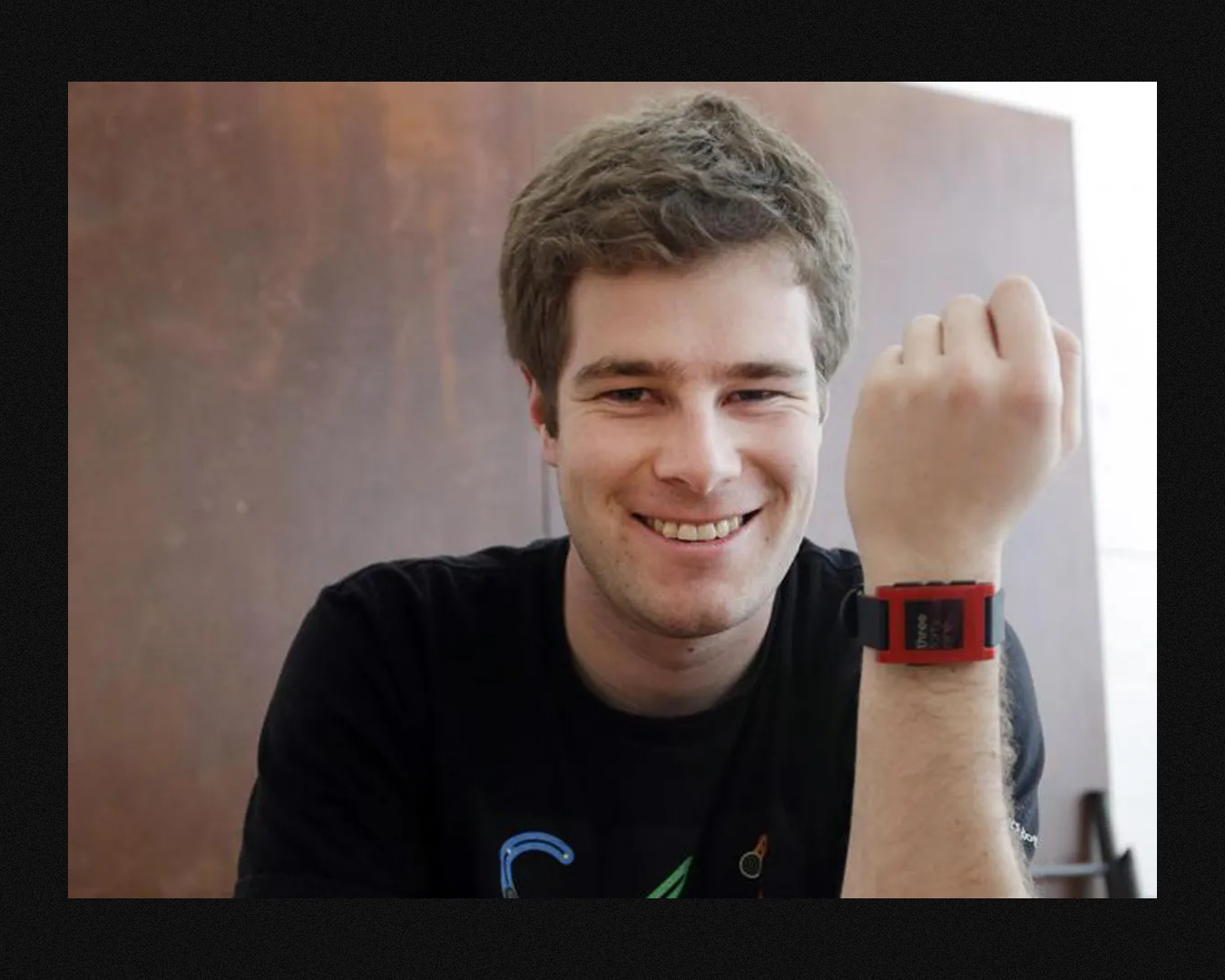 An image of Eric, Pebble&amp;#039;s creator, wearing the first generation watch