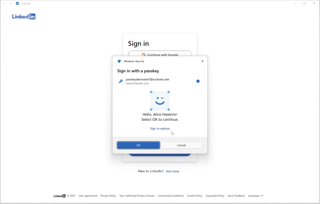 Screenshot of the LinkedIn sign-in page, showing a &amp;#039;Windows Security&amp;#039; pop-up box prompting the user to Sign in with a passkey.