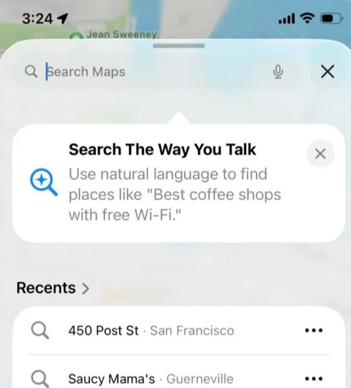 Search The Way You Talk feature appears in Apple Maps.