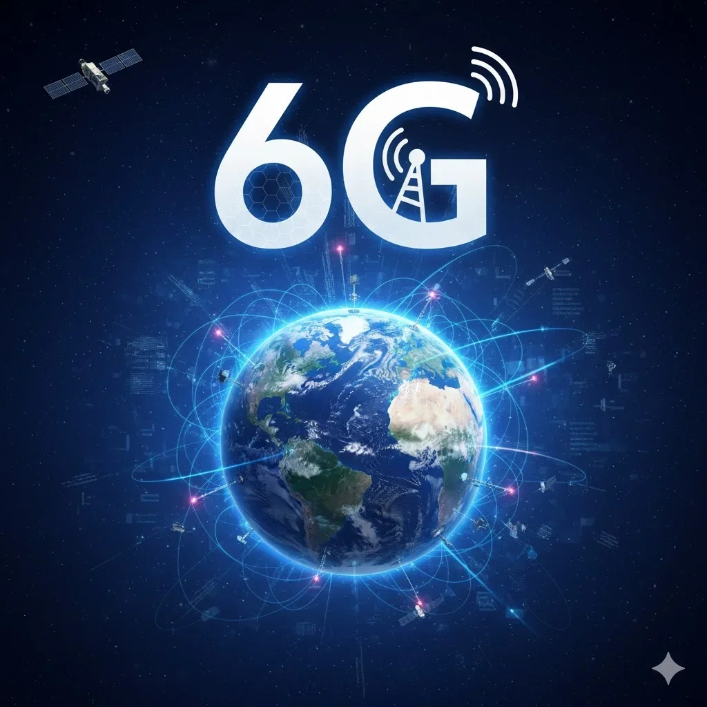 Digital illustration of the Earth surrounded by a network of satellites and glowing data lines, with the large white text &amp;#039;6G&amp;#039; featuring an antenna icon.