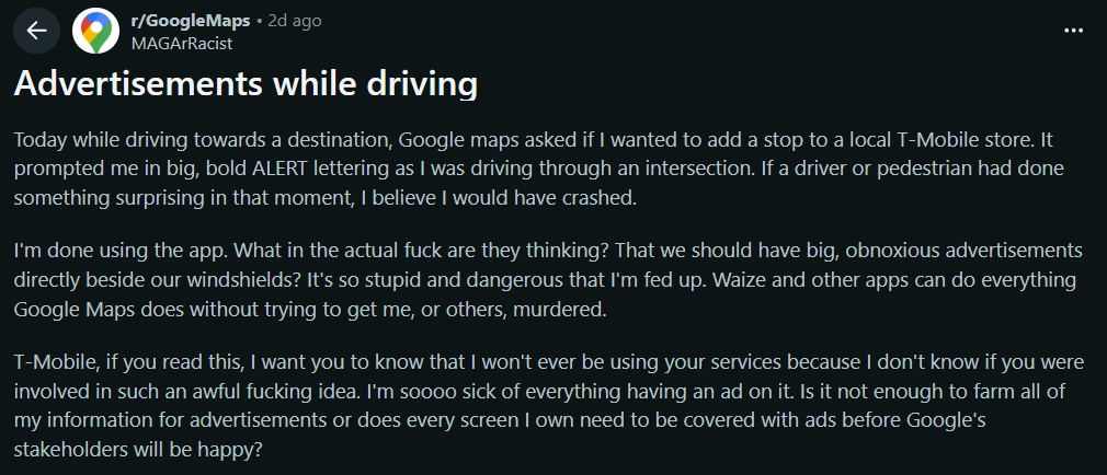 Image source – Reddit - T-Mobile just lost a customer forever thanks to a Google Maps ad that nearly caused a crash