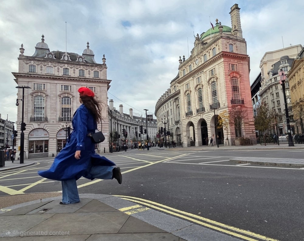 A woman in the streets of London, no cars behind her.