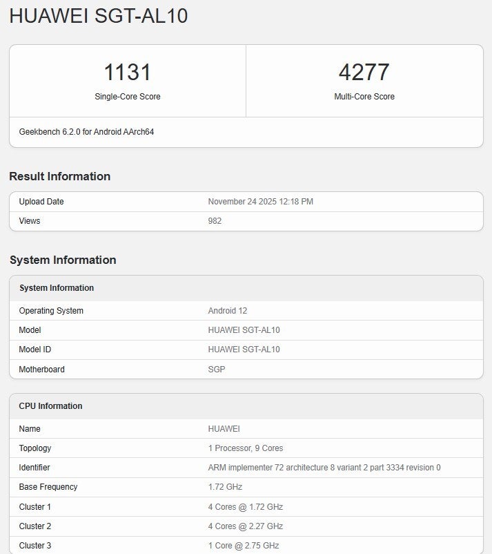 Geekbench results for Mate 80 Pro Max powered by Kirin 9030 Pro AP.