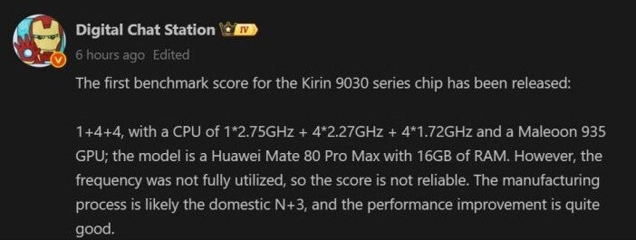 Kirin 9030 specs leaked by Digital Chat Station.