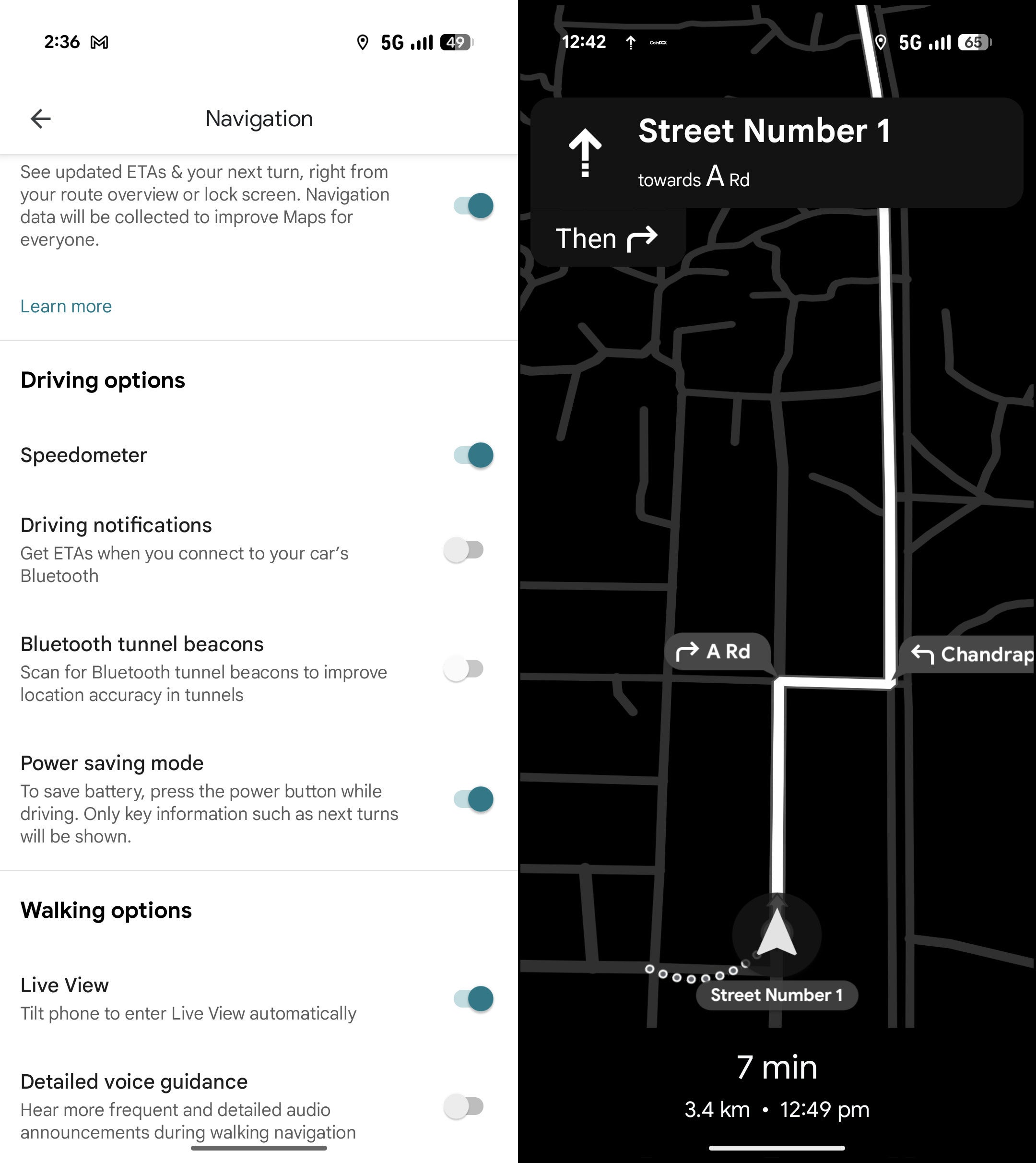 Google Maps power-saving mode in action on the Pixel 10.