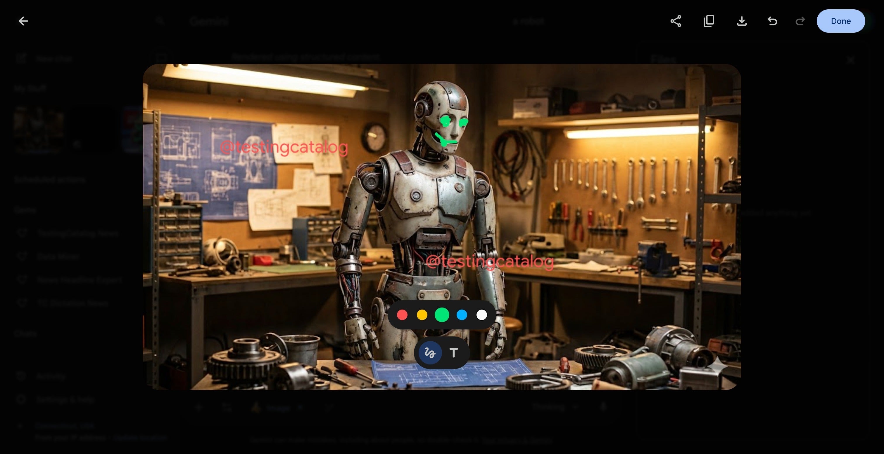 Gemini image editor showing a robot scene being modified.