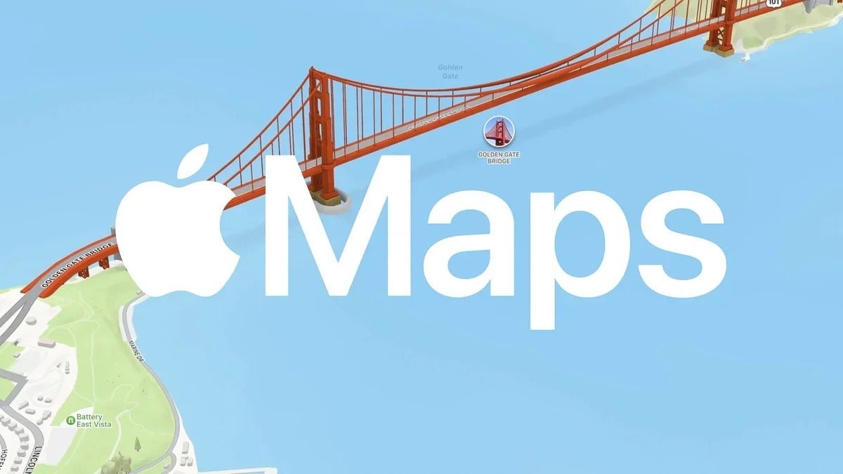 Apple Maps logo over a 3D map of the Golden Gate Bridge.