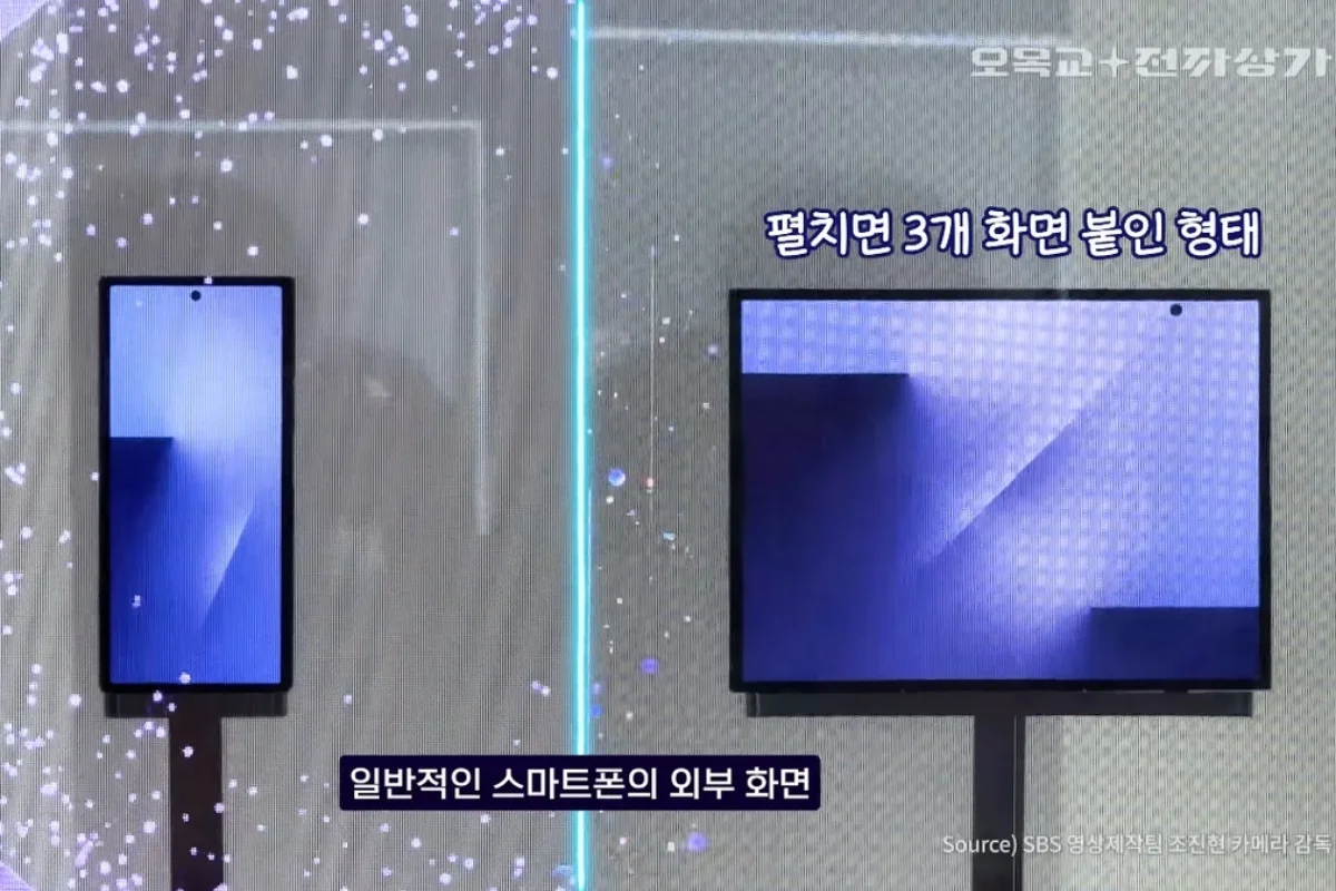 A trifold phone by Samsung unfolded and folded.