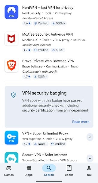 Screenshot of some VPNs listed in Google Play Store.