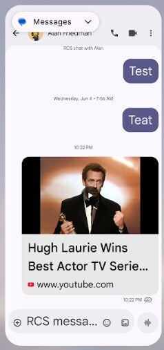 Screenshot of the new YouTube link in Google Messages.