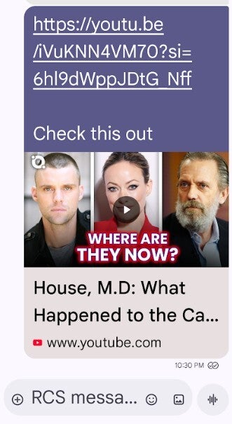 Screenshot of the new look of a shared YouTube link in Google Messages with a text message included.
