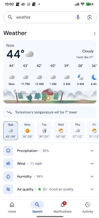 Screenshot of redesigned Google Weather app.
