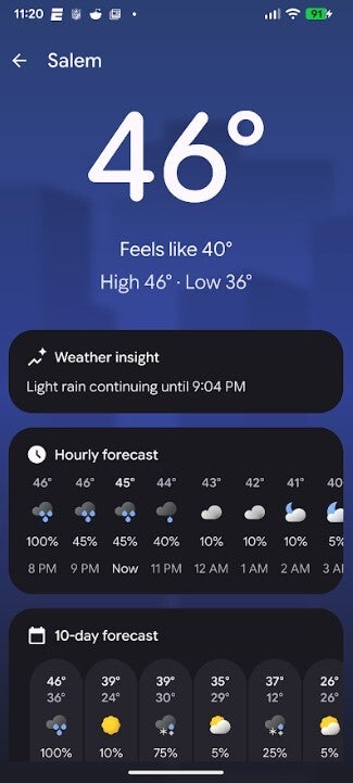 Screenshot of the Weather app for Pixel handsets.