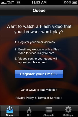 You first need to register to use the app - Skyfire VideoQ Review: Flash for your iOS device