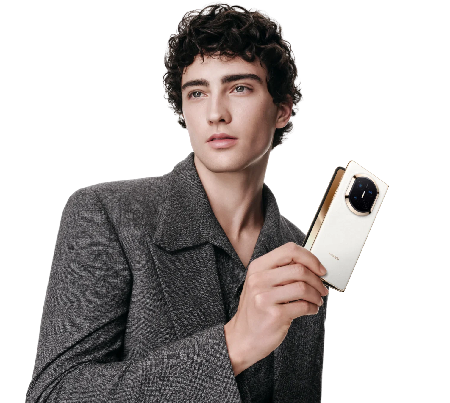 A man holding a phone by Huawei.