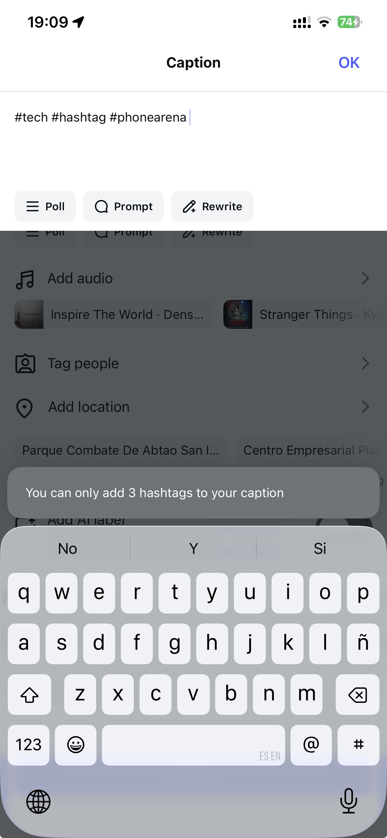 Instagram&#039;s hashtag limit error message. | Image credit – PhoneArena - Instagram is testing a change that will hurt the feelings of every millennial