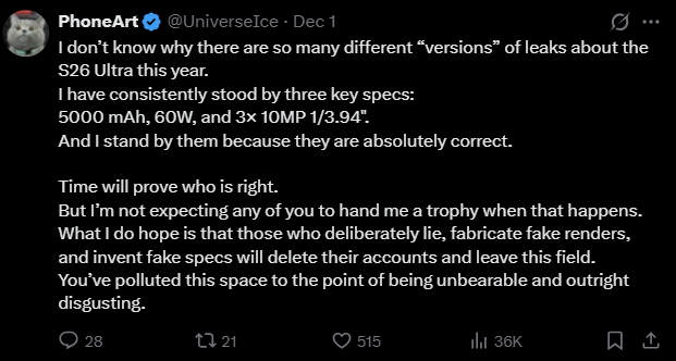 Image source – Ice Universe on X - Wait, did the Galaxy S26 Ultra just lose TWO of its only real upgrades over the S25 Ultra?