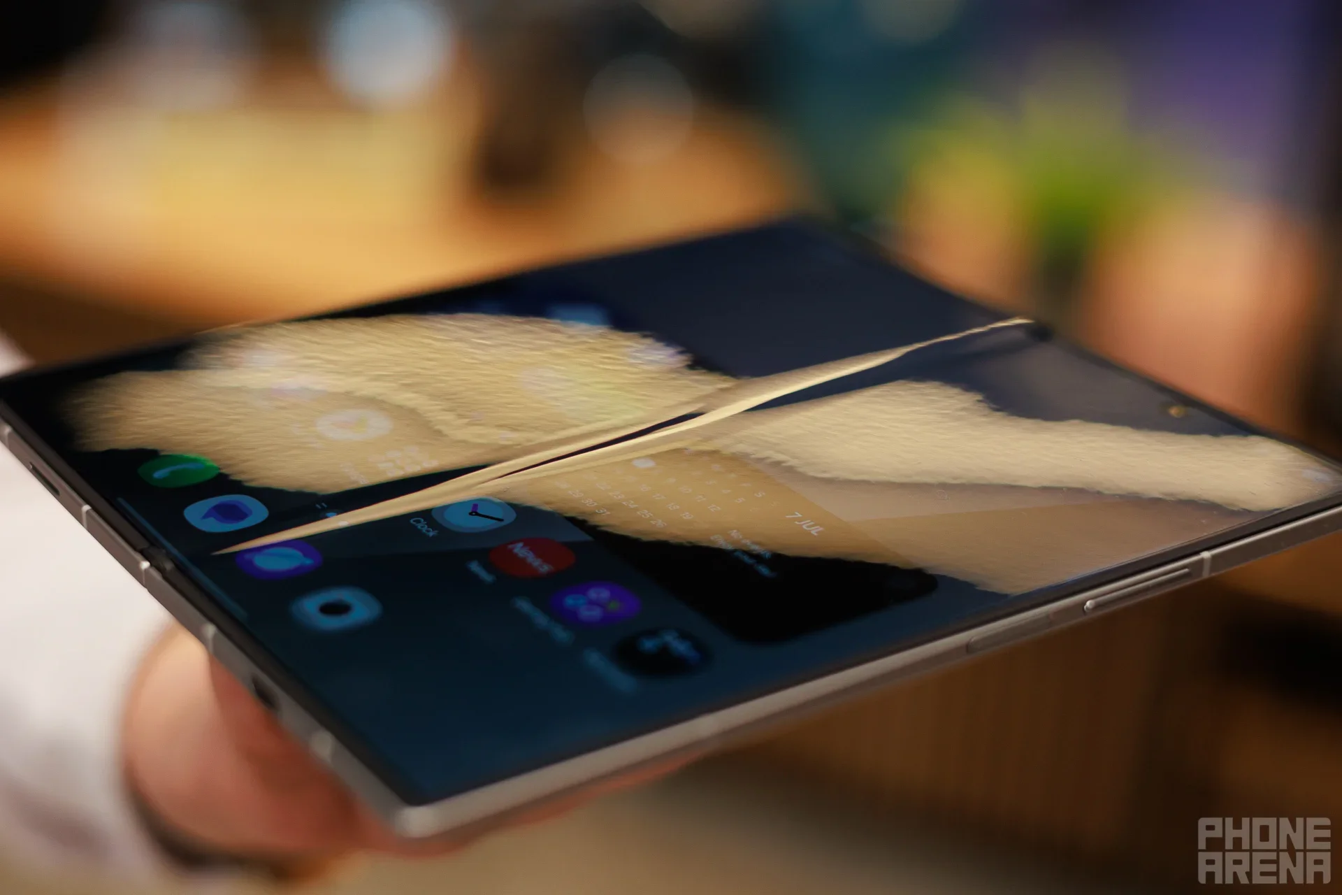 The display crease on the Galaxy Z Fold 7. | Image Credit – PhoneArena - How much will the foldable iPhone cost you? Here&#039;s what pricing leaks suggest