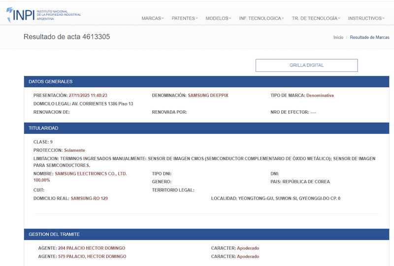 Screenshot of the EUIPO filing for Samsung’s “DeepPix” trademark.