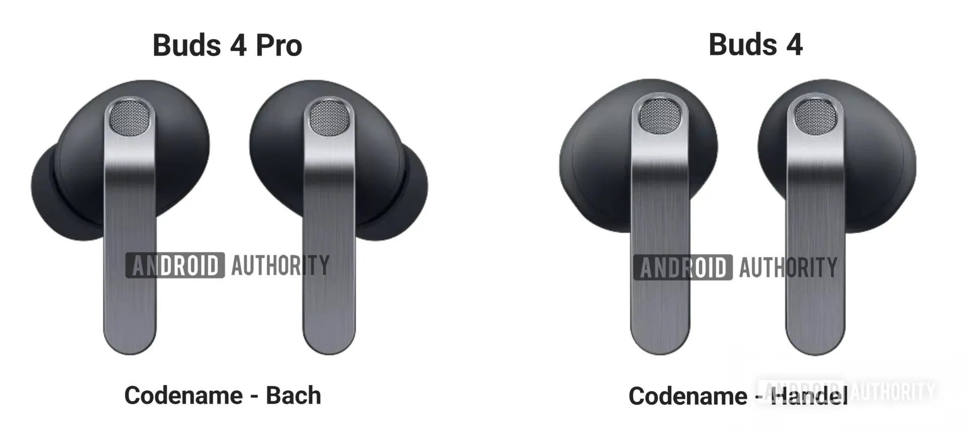 Leaked renders showing the Galaxy Buds 4 Pro and Galaxy Buds 4 side by side, with stemmed designs in black and silver.