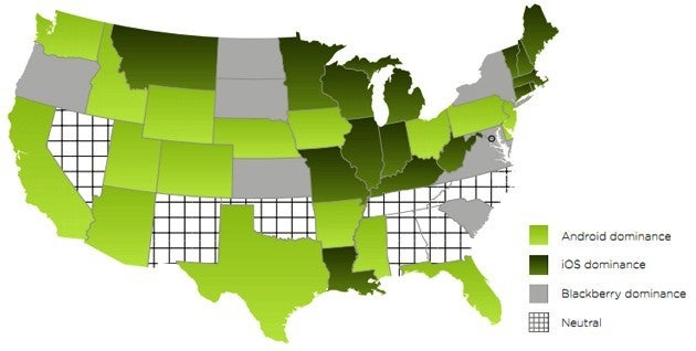 It&#039;s the Civil War all over again with iOS fans up north while Android fans live in the south - Northerners prefer the Apple iPhone while in the South and West it&#039;s Android