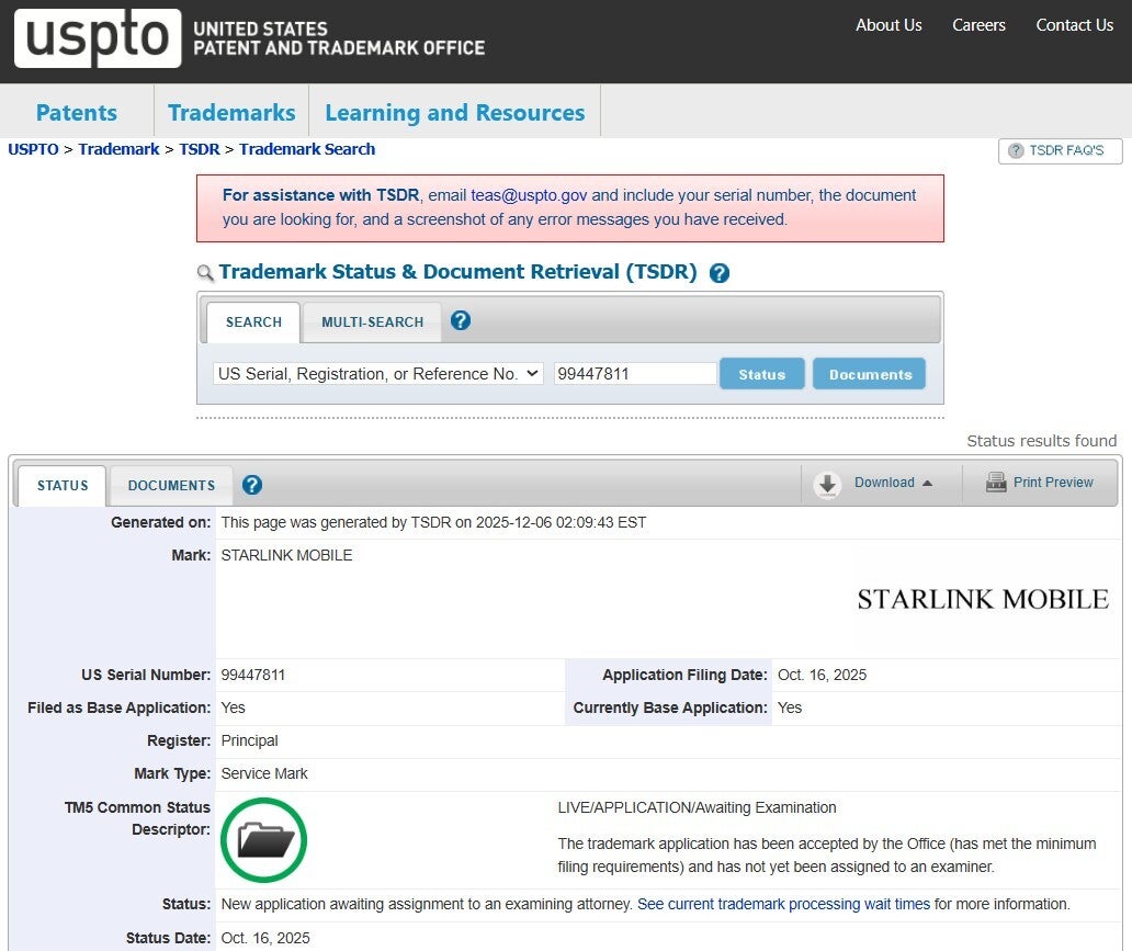 SpaceX files to protect Starlink Mobile with the USPTO.