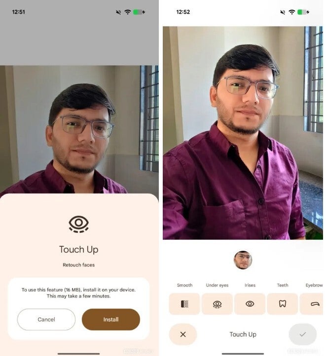 Screenshots from the Touch Up tool for the Google Photos app.