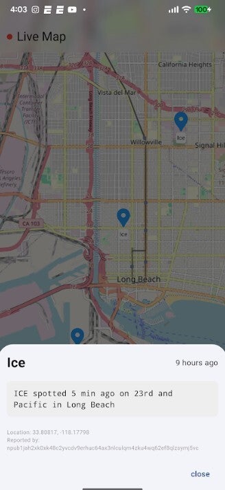 Screenshot shows location of ICE agents in Southern California via ICEbreaker.