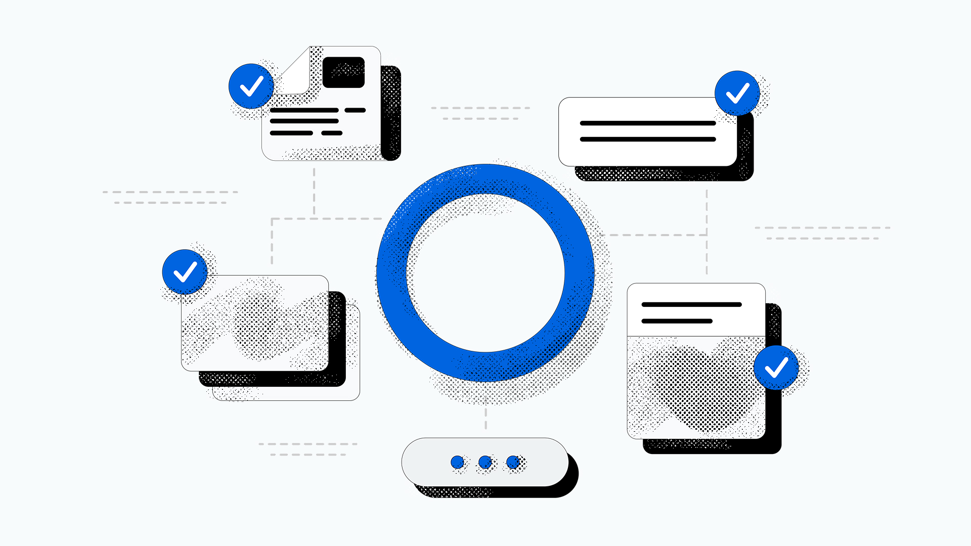 Black and white digital illustration with a large, textured blue ring at the center, representing an AI.