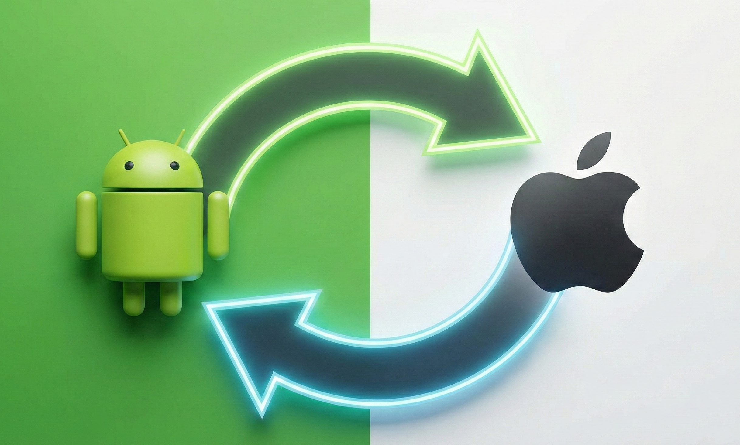 A graphic depicting the Android robot and Apple logo on split green and white backgrounds, with glowing neon arrows indicating a back-and-forth exchange or migration.