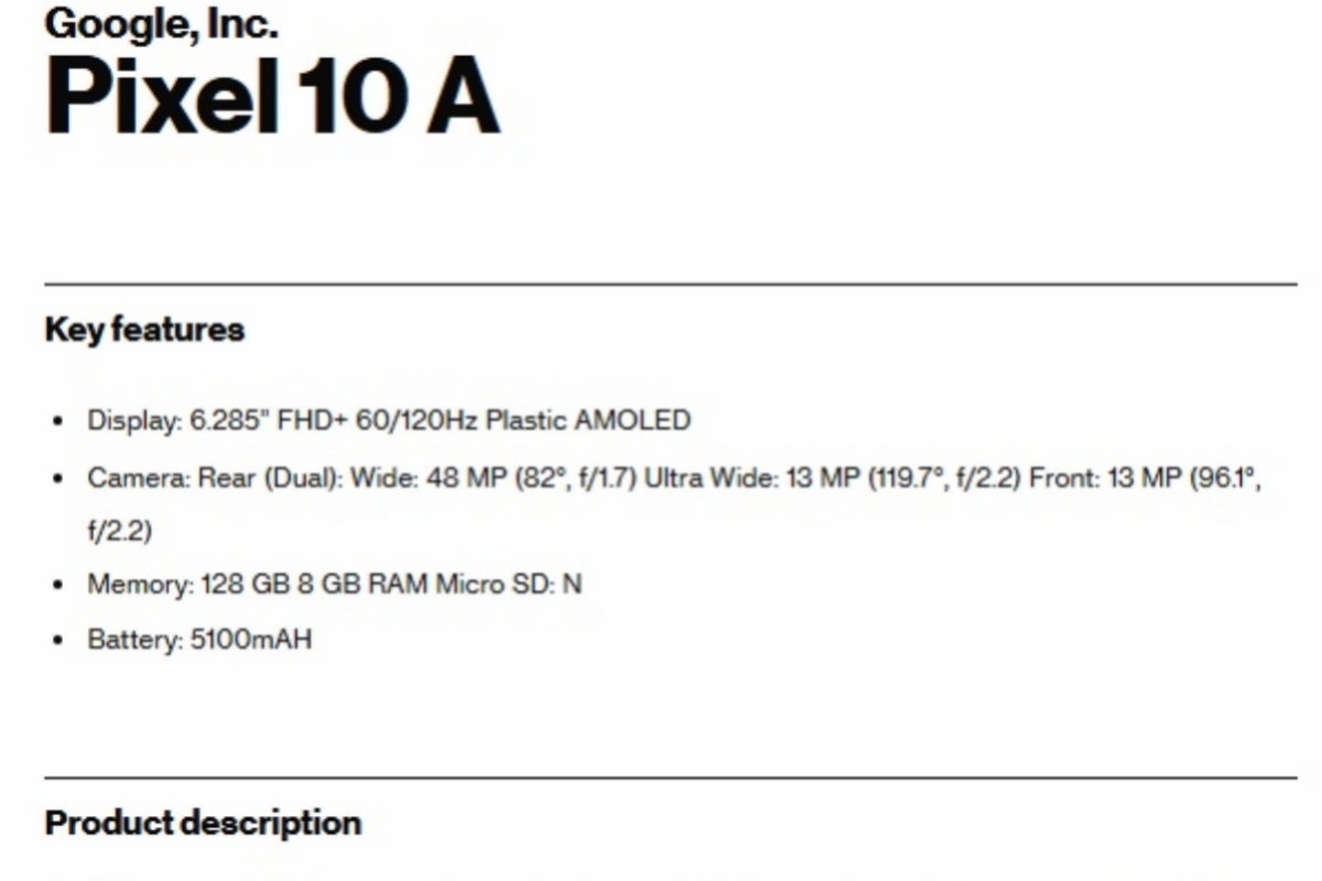 Google Pixel 10a specs prematurely revealed by Verizon