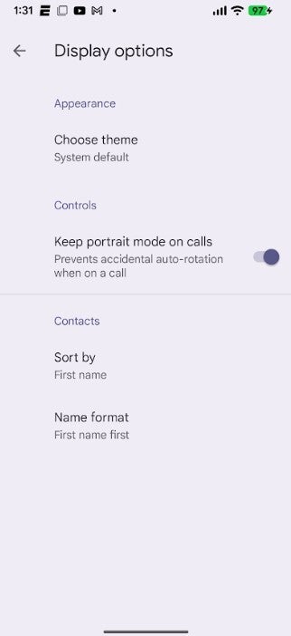 Screenshot shows the new toggle in the Phone by Google app that will stop the app from moving from portrait to landscape.