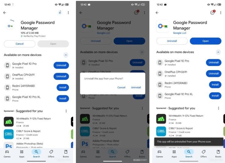 Screenshots show how Google allows remote installs and uninstalls on Android phones.