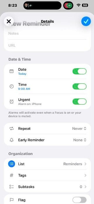 New alarm setting for the Reminders app.