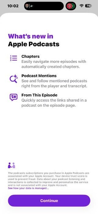 Screenshot shows new Apple Podcast app features in iOS 26.2.