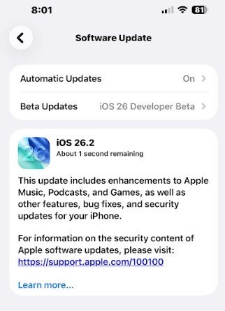 Screenshot of Apple&amp;#039;s iOS 26.2 update notifcation.